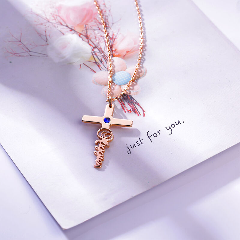 "Your Belief" Cross Personalized Name Necklace with Birthstone