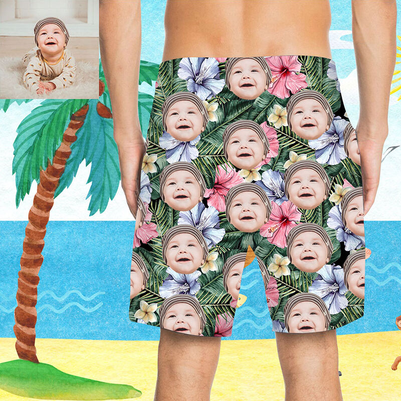 Custom Face Colorful Flower Men's Beach Shorts