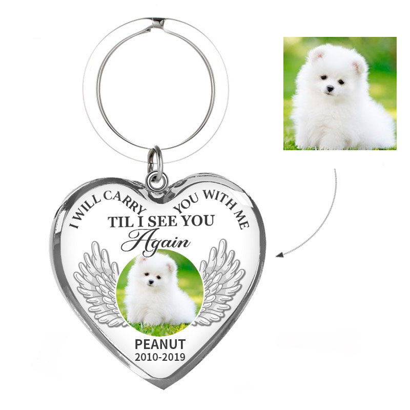 Porte-clés "Je te porterai avec moi" Luxe Animal de compagnie Mémorial Coeur Personnalisé Photo Argent