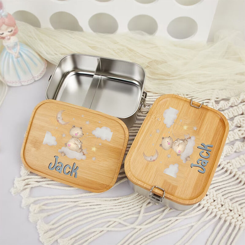 Personalized Lunch Box Custom Name With Cute Bear And Cloud Pattern