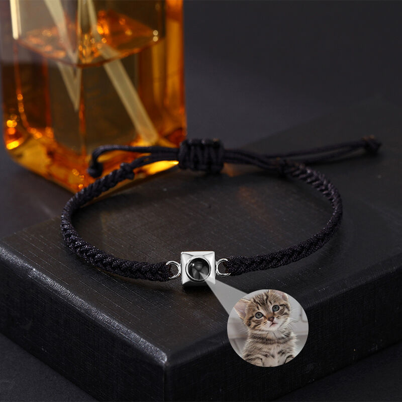 Personalized Projection Photo Bracelet Black Braided Rope Square Pendant Christmas Gift