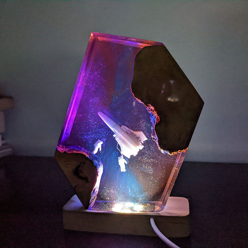Galaxy Astronaut Resin Wood Lamp Precious Gift for Child