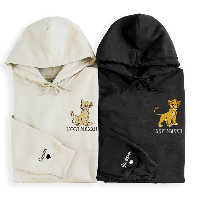Personalized Hoodie Embroidered Cartoon Lion Couple Design Anniversary Valentine's Day Gift