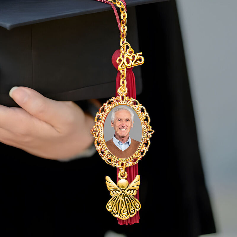 Personalized Class of 2025 Graduation Tassel Photo Charm with Angel Wing Memorial Gift for Kid