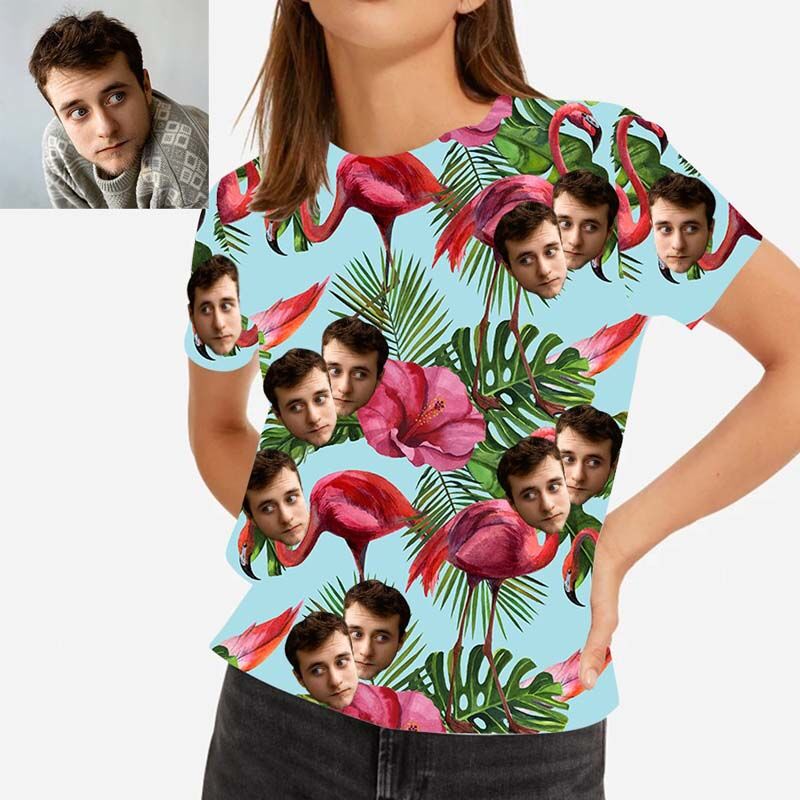 "Flamingo In The Grass In Green" Custom Face Women's Hawaiian T-Shirt