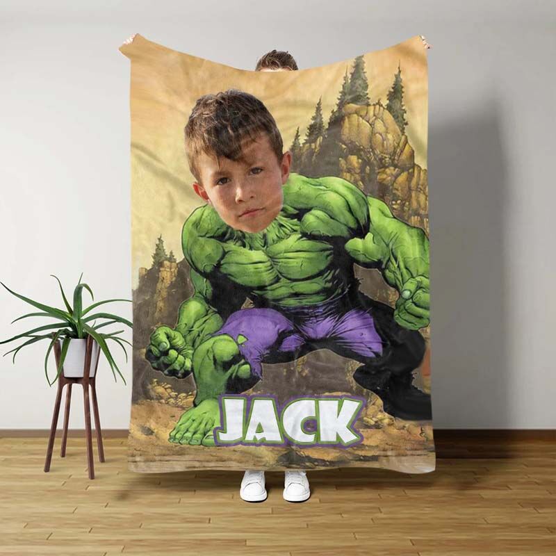 Personalized Green Muscle Man Photo Blanket for Baby Boy