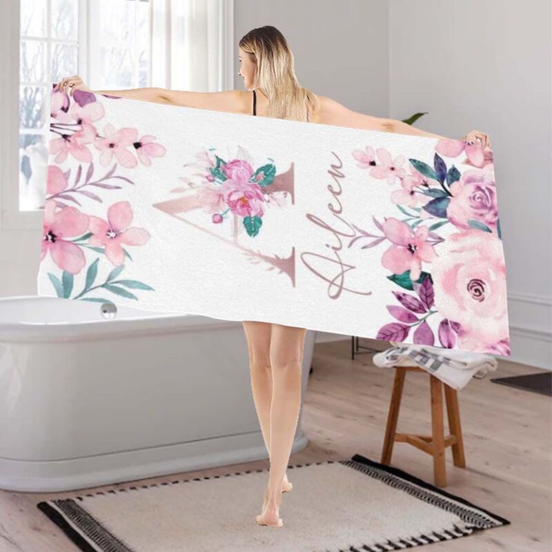 Personalized Name and Letter Bath Towel with Pink Flowers Pattern for Girlfriend