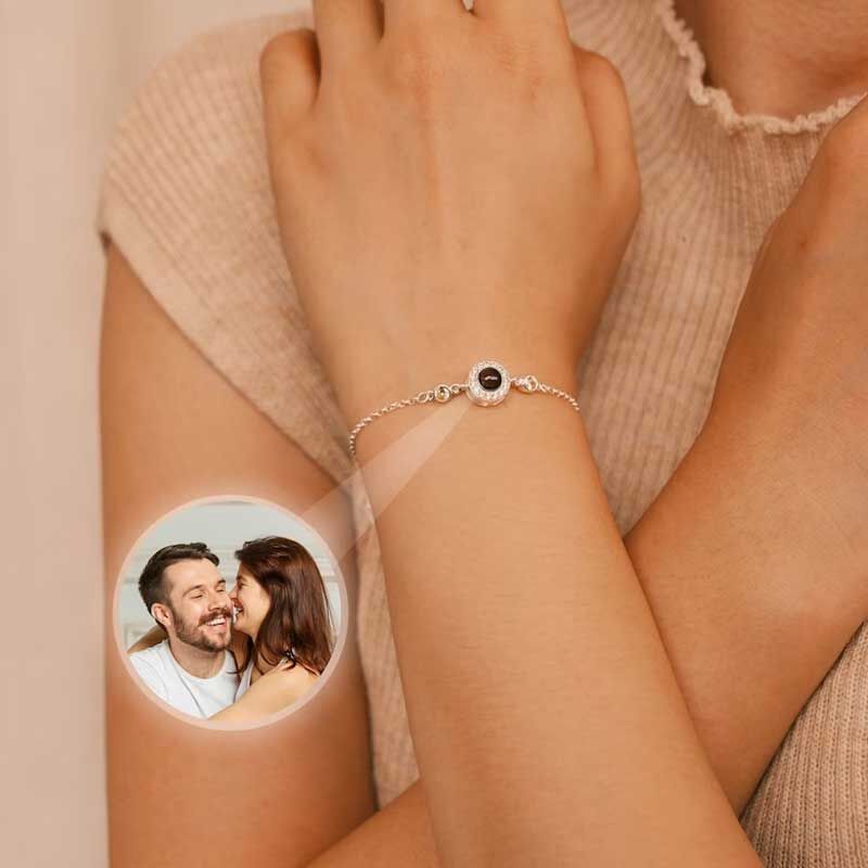 Bracelet Photo Projection Personnalisé Pendentif Rond avec Diamants et Pierre de Naissance Cadeau de Noël