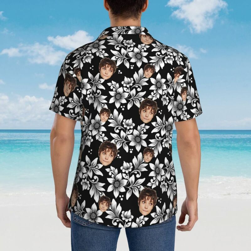 Camisa Hawaiana Personalizada Top Negro Floral Blanco Añadir Foto Cara para Hombre