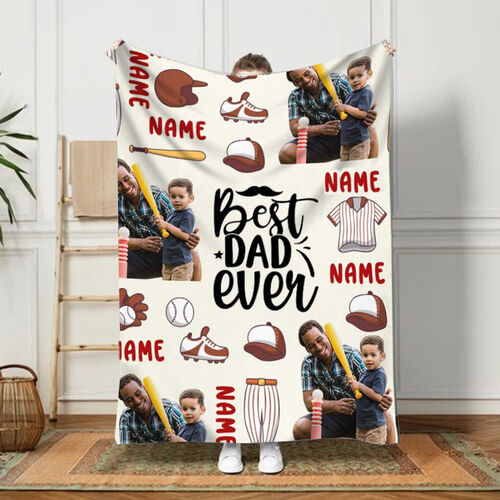 Custom Name And Picture Blanket with Baseball Pattern Funny Present for Father