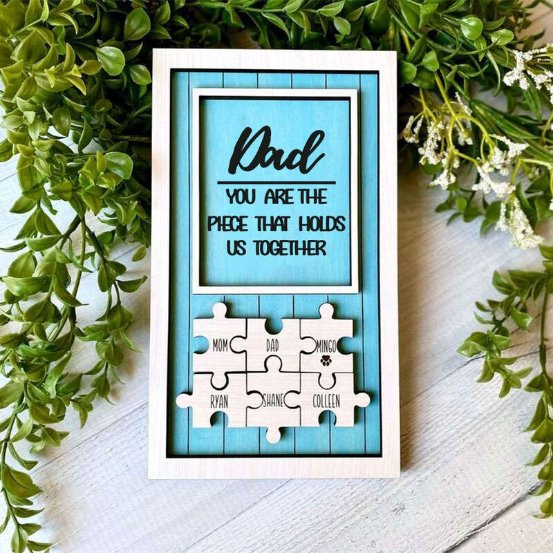 "Dad Holds Us Together" Personalized Puzzles Pieces Name Sign Blue