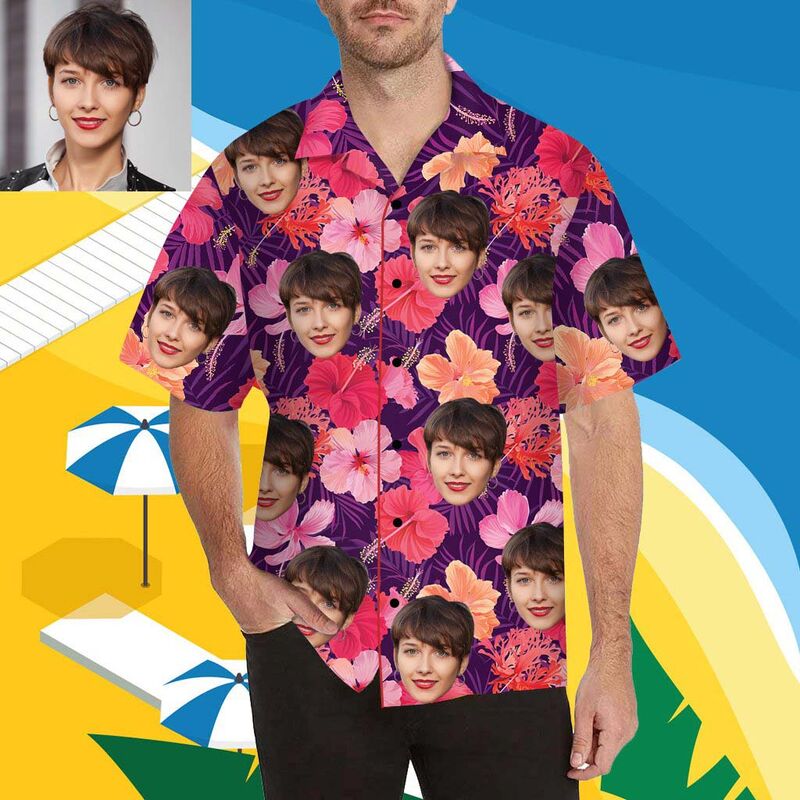 Chemise hawaïenne à impression intégrale pour hommes, personnalisée avec un mélange de visages et de fleurs multicolores