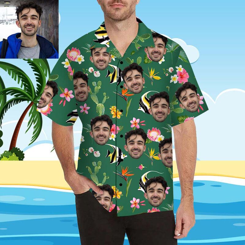 Custom Face Fish and Plants Men's All Over Print Hawaiian Shirt
