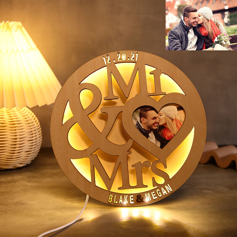 Custom Mr&Mrs Photo  Engraving Name Wood Lamp for Sweet Couple