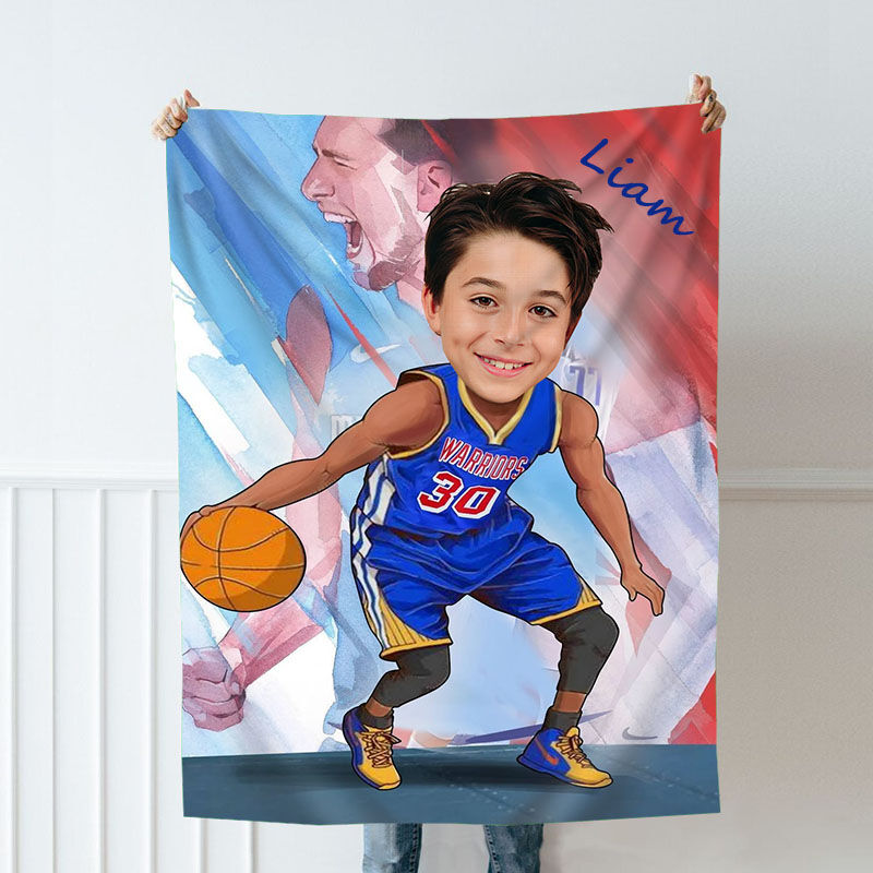Personalized Custom Photo Blanket Basketball Player Cartoon Image Flannel Blanket
