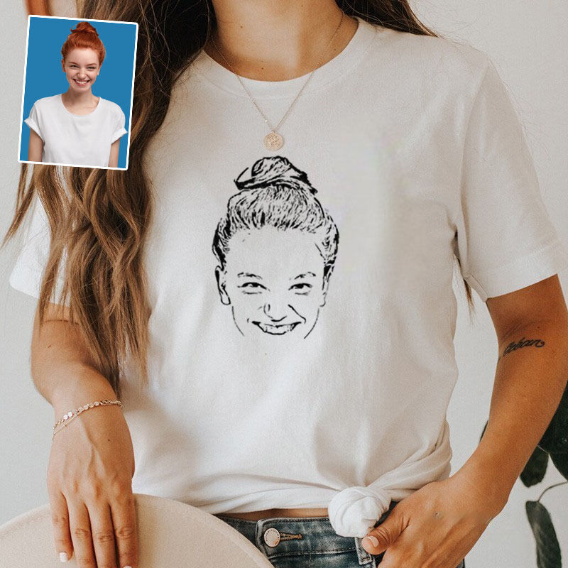 Personalized T-shirt Custom Photo of Women's Head Sketch Unique Present for Her