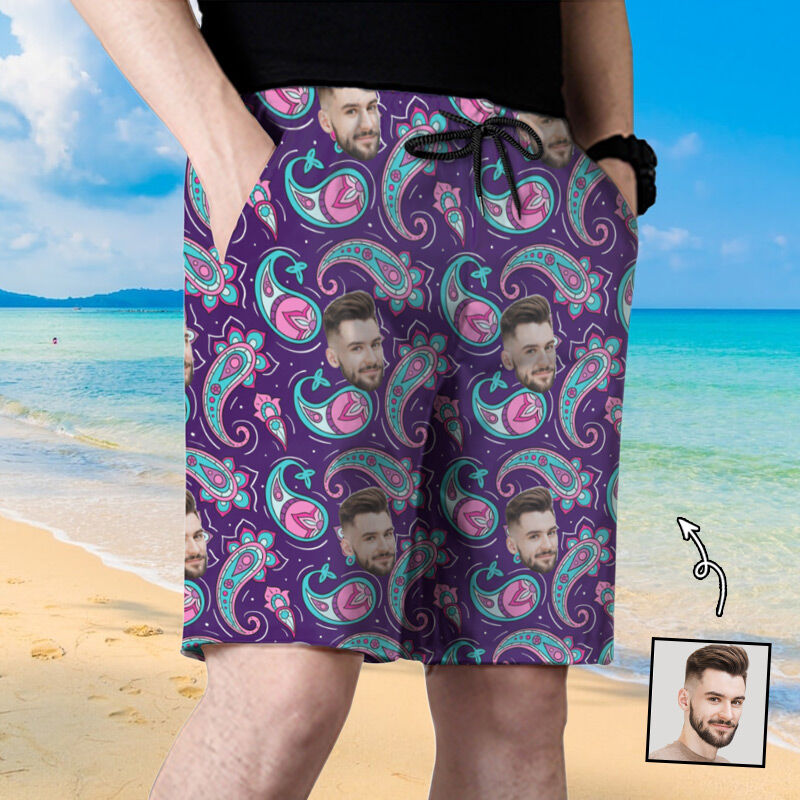 Personalisierte Foto Herren Strandshorts mit lila Muster Perfektes Geschenk für die Familie