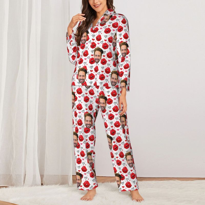 Personalized Pajamas Custom Couple Photo Hot Kiss Heart Pattern Design Perfect Gift for Lovers