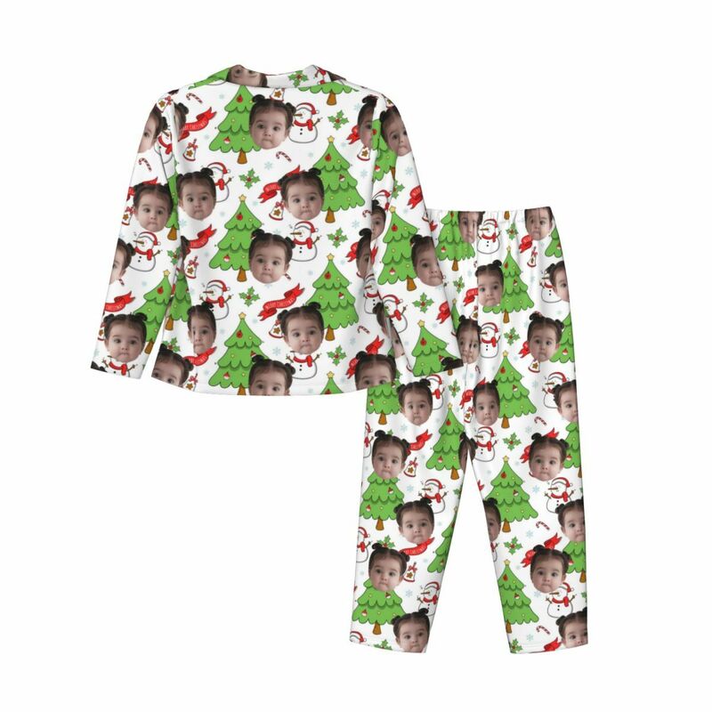 Personalisierte Pyjamas mit individuellem Foto Weihnachtsbaum Schneemann Cartoon-Stil Design Niedliches Geschenk für die Familie