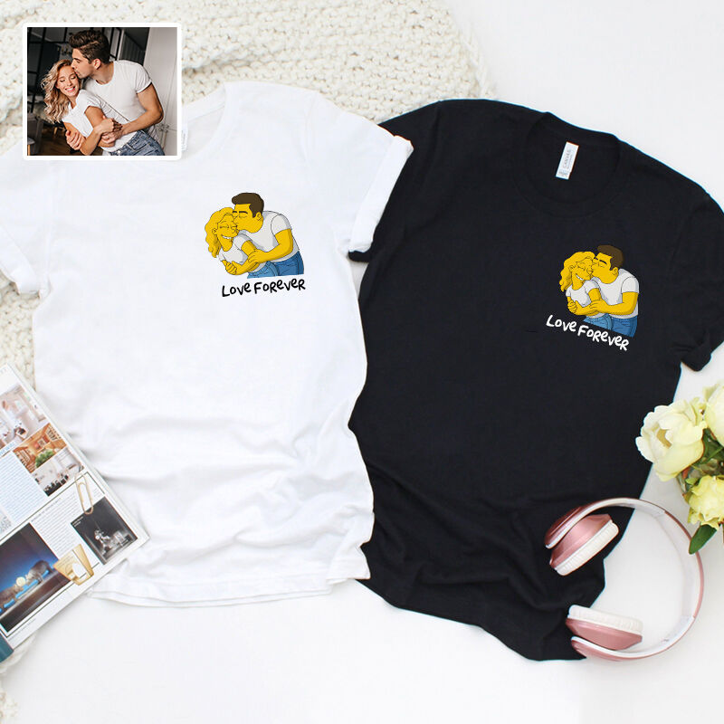 Personalized T-shirt Custom Couple Photo Simpson Cartoon Style Design Funny Gift for Lovers