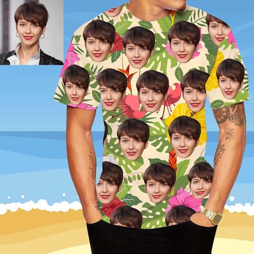 T-Shirt Personalizzate con Volto Stile Hawaiano Fiori Multicolori & Foglie