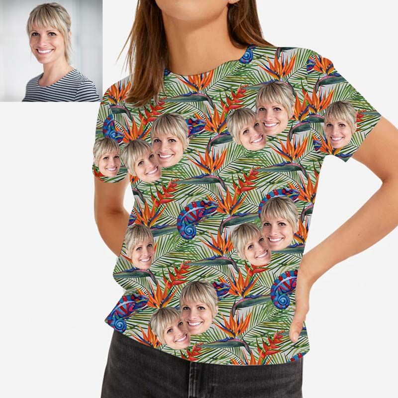 T-shirt Visage personnalisé hawaïen pour femme avec chenille bleue