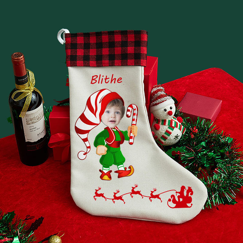 Personalized Custom Face Christmas Stocking Christmas Card Image Wearing Green Clothes