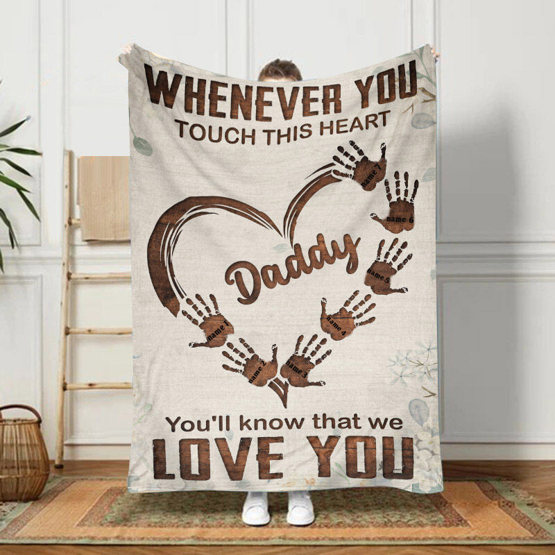 Custom Name Blanket with Heart And Hands Pattern Best Father's Day Gift "Whenever You Touch This Heart"