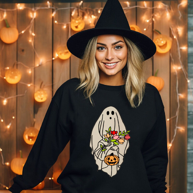 Unique Sweatshirt with Flower Ghost Pattern Bright Halloween Gift