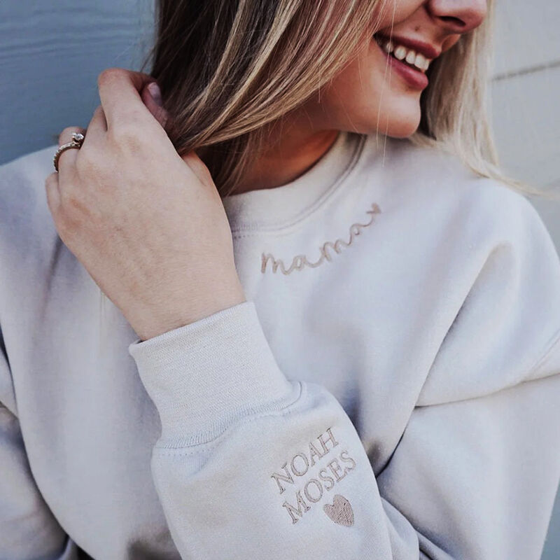 Personalized Sweatshirt Custom Embroidered Names with Mama On The Neckline Unique Gift for Dear Mom