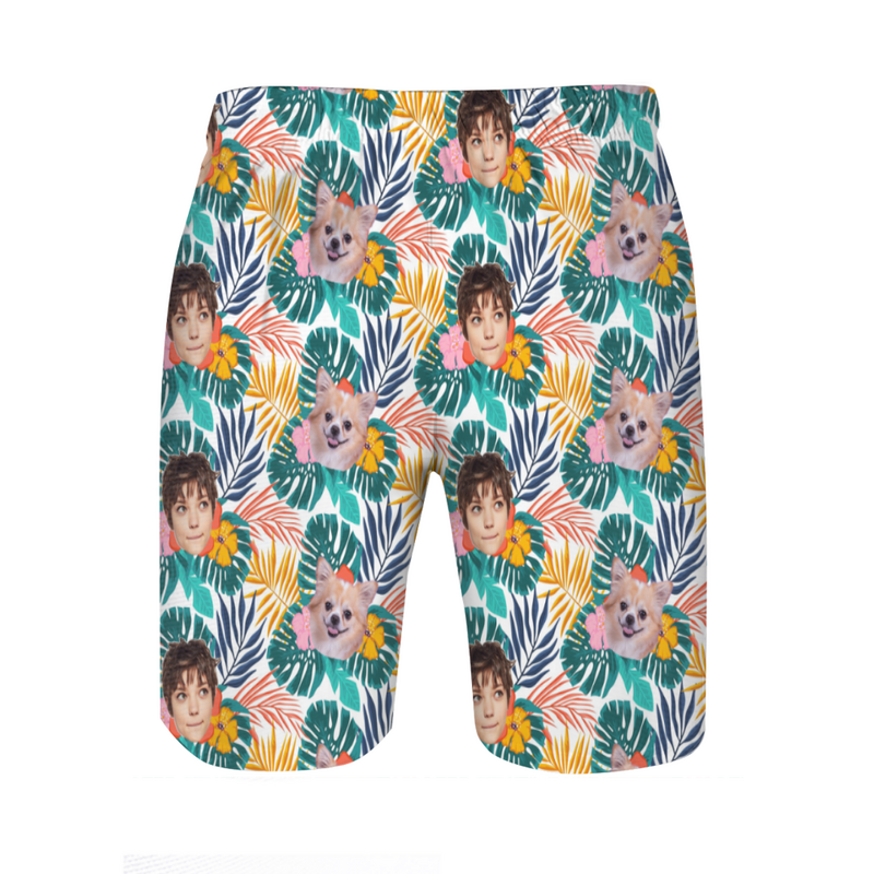 Personalized Picture Men's Beach Shorts with Palm Leaves Pattern Funny Gift for Boyfriend