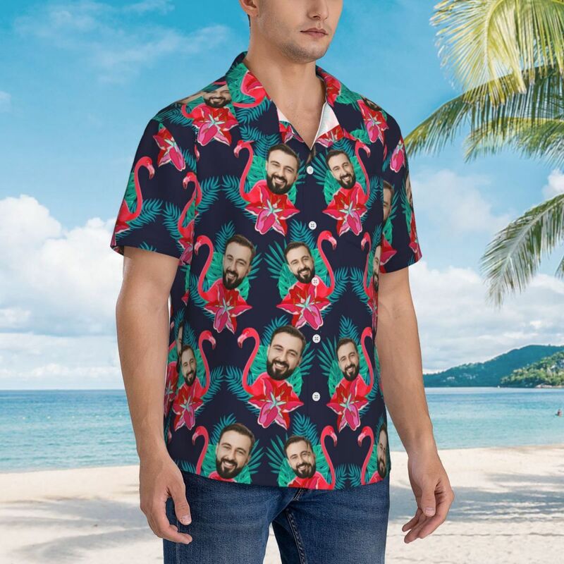 Camisas Hawaianas Personalizadas Colorido Flamenco Aloha Camisa de Playa para Hombre