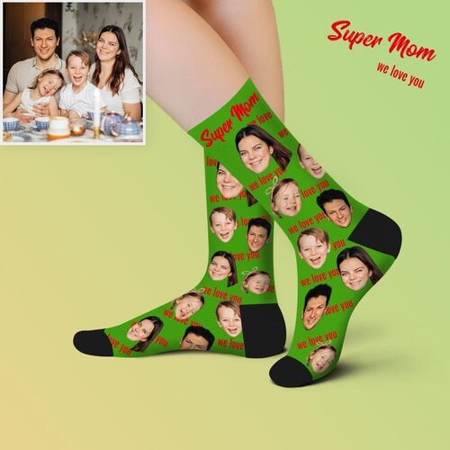 Chaussettes "J'aime ma famille" personnalisées avec photo du visage imprimées avec Super Maman