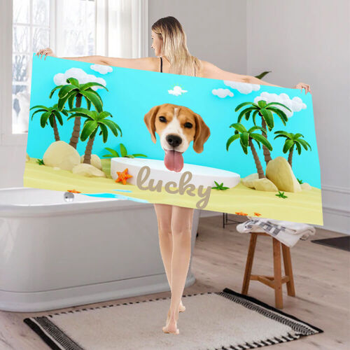 Personalized Name and Picture Bath Towel with Beach Scenery Pattern for Pet Lover