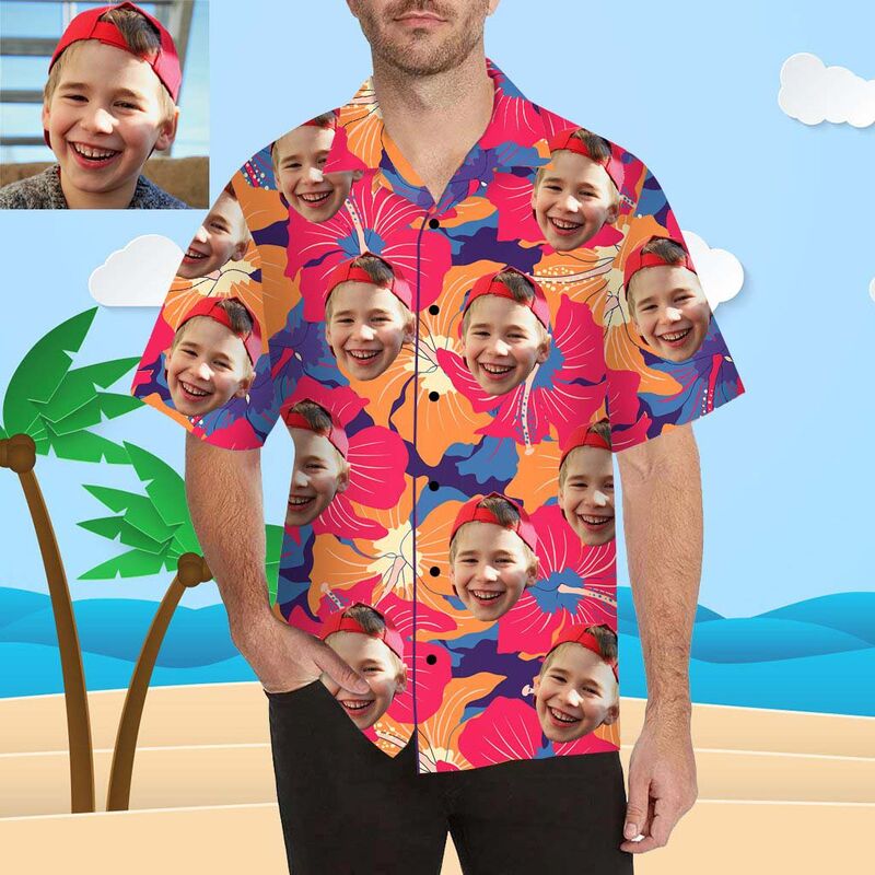 Chemise hawaïenne à impression intégrale pour hommes avec visage personnalisé, fleurs jaunes et rouges