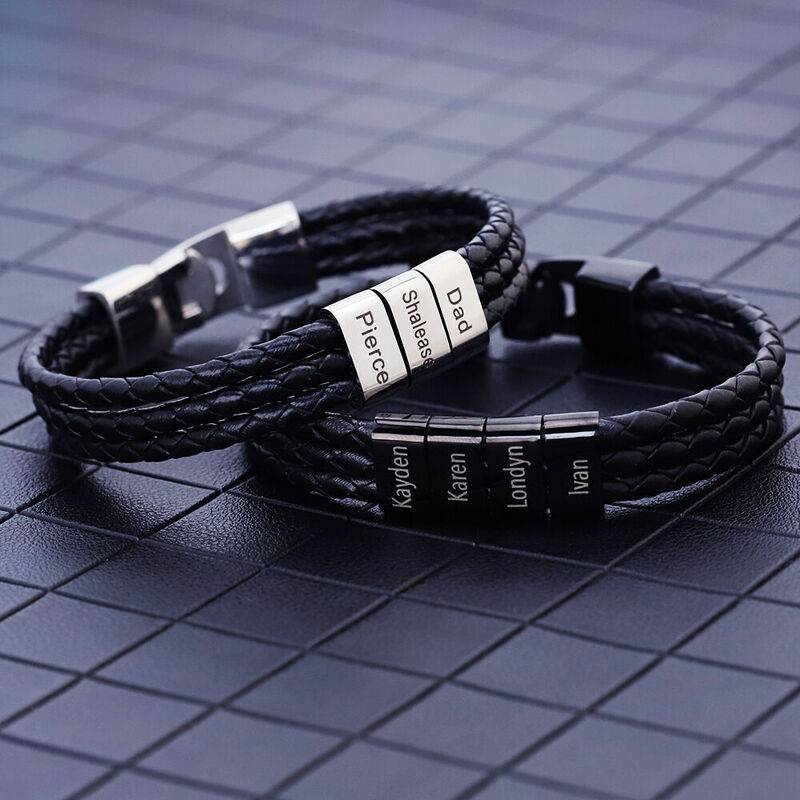 Personalized Vintage Multilayer Leather Rope Stainless Steel Men Bracelet Custom Family Name
