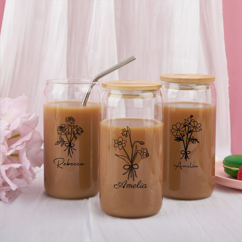 Personalized Birth Flower And Name Glass Cup with Lid And Straw Trendy Thanksgiving Day Present