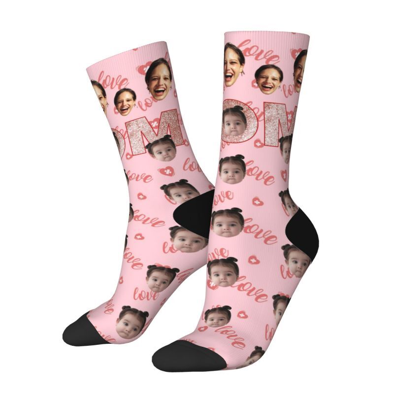 Hot Stamping "MOM" Personalized Face Socks with Baby Photo Added