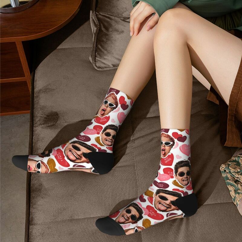 Custom Face Socks Pink Trendy Mid-Tube Socks Add Couple Photos for Girlfriend