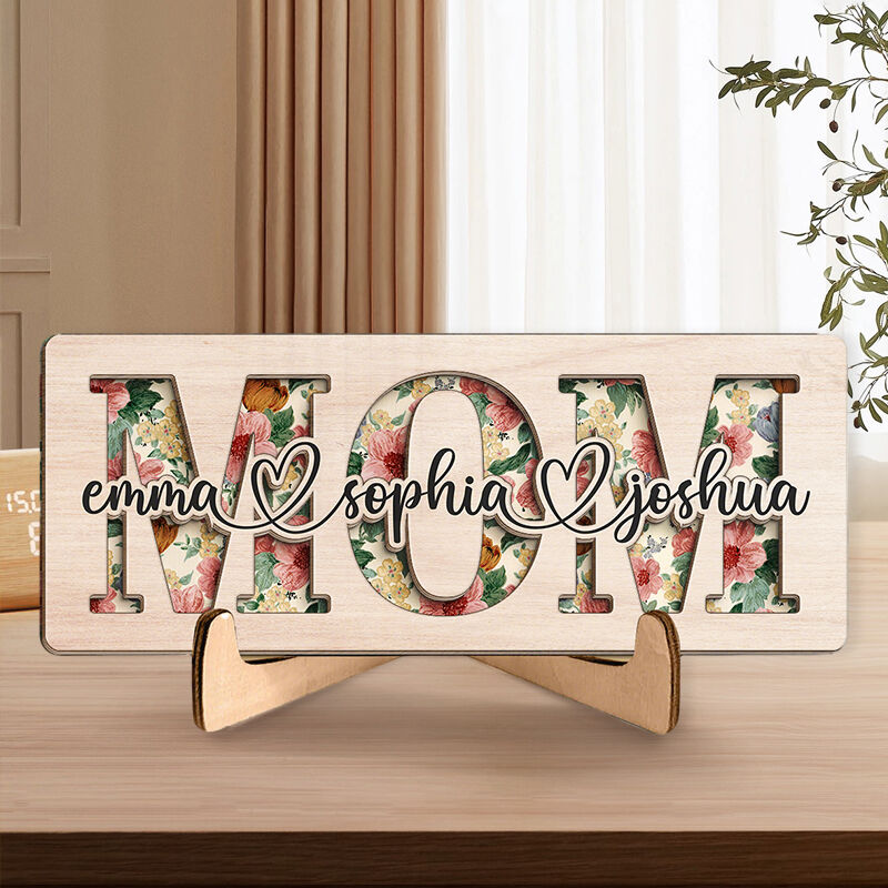 Personalized Frame Mom Wooden Sign with Custom Names Blossom Setting Design Perfect Mother's Day Gift