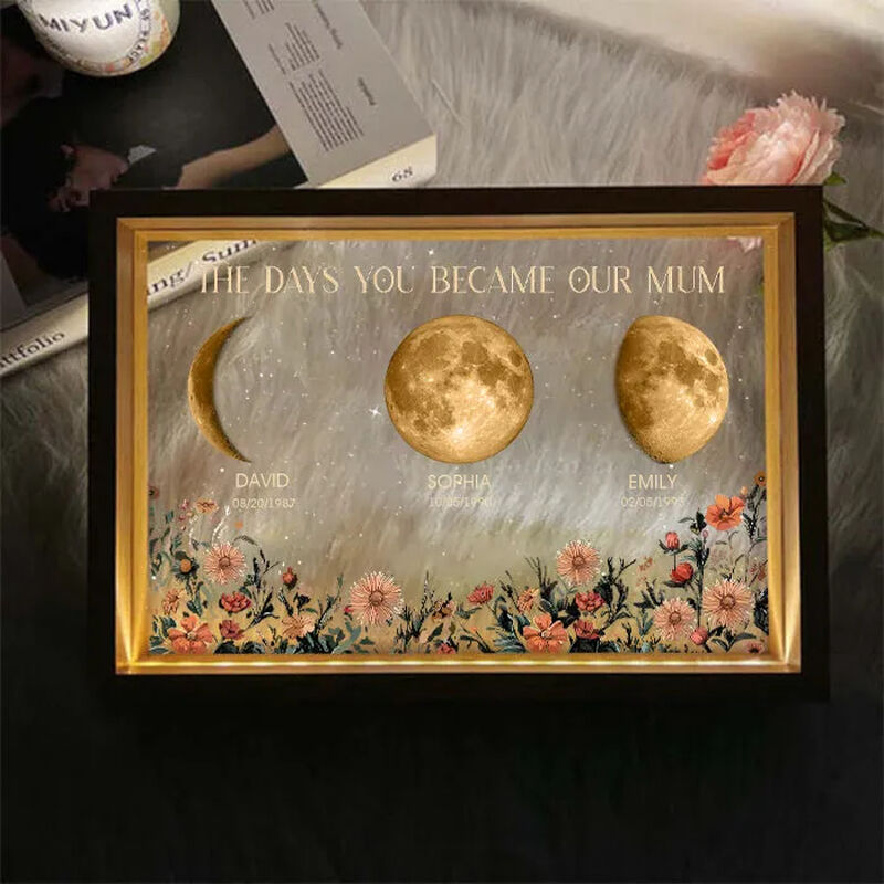 Personalized Moon Phase Picture Night Light with Custom Name And Flowers Best Mother's Day Gift