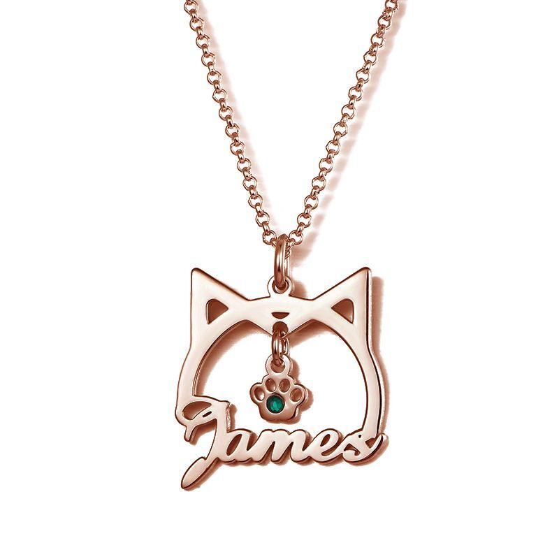 Cute Cat Shape Name Necklace With Birthstone