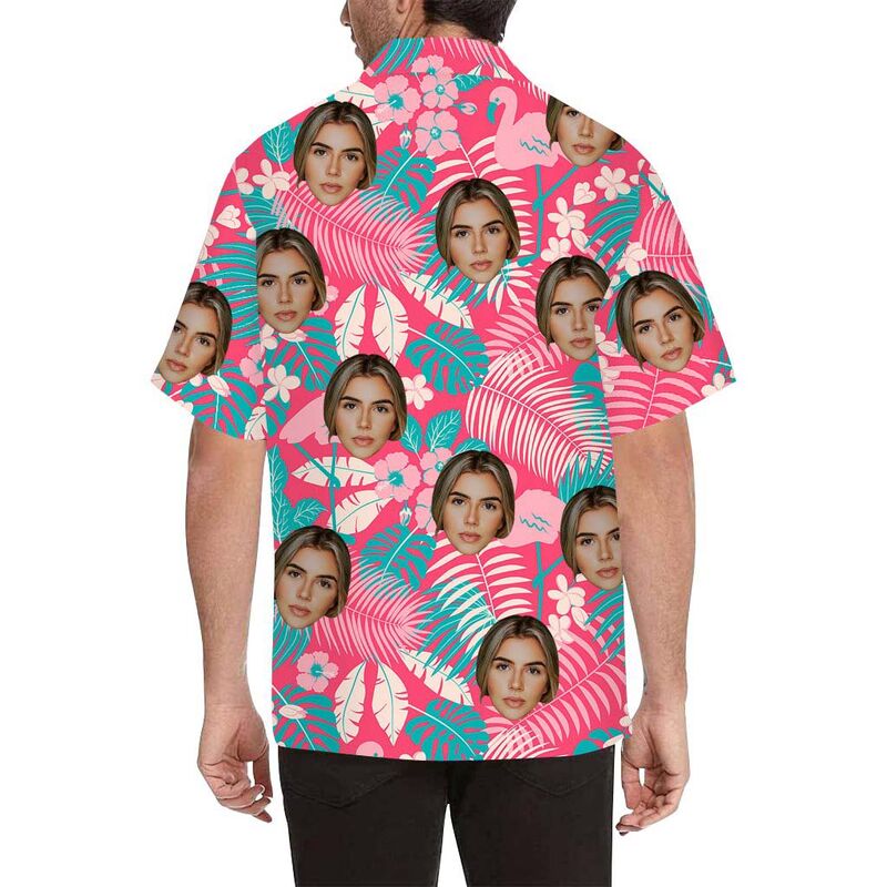 Custom Face Flamingo and Leaves Men's All Over Print Hawaiian Shirt in Pink