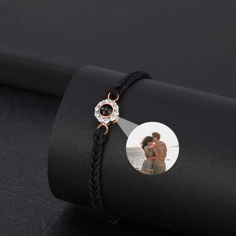 Personalized Round Petal Projection Photo Bracelet Black Cord for Lover