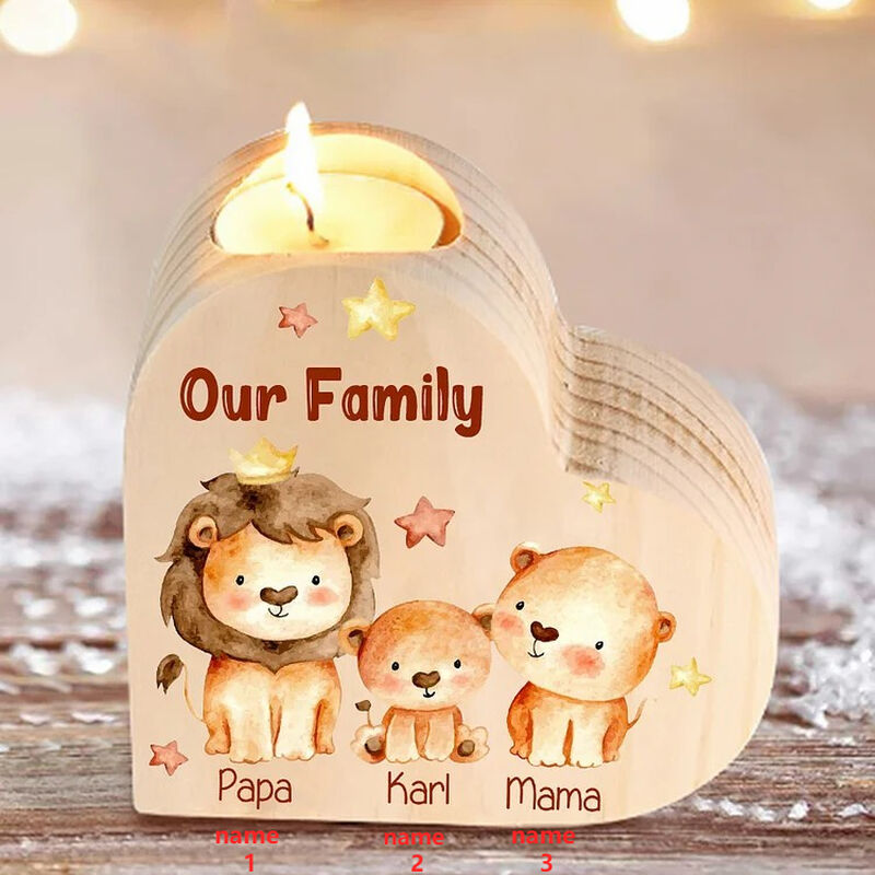 Personalisierte hölzerne Herz Kerze Halter benutzerdefinierte Namen für Kinder mit Cartoon Löwen-Muster