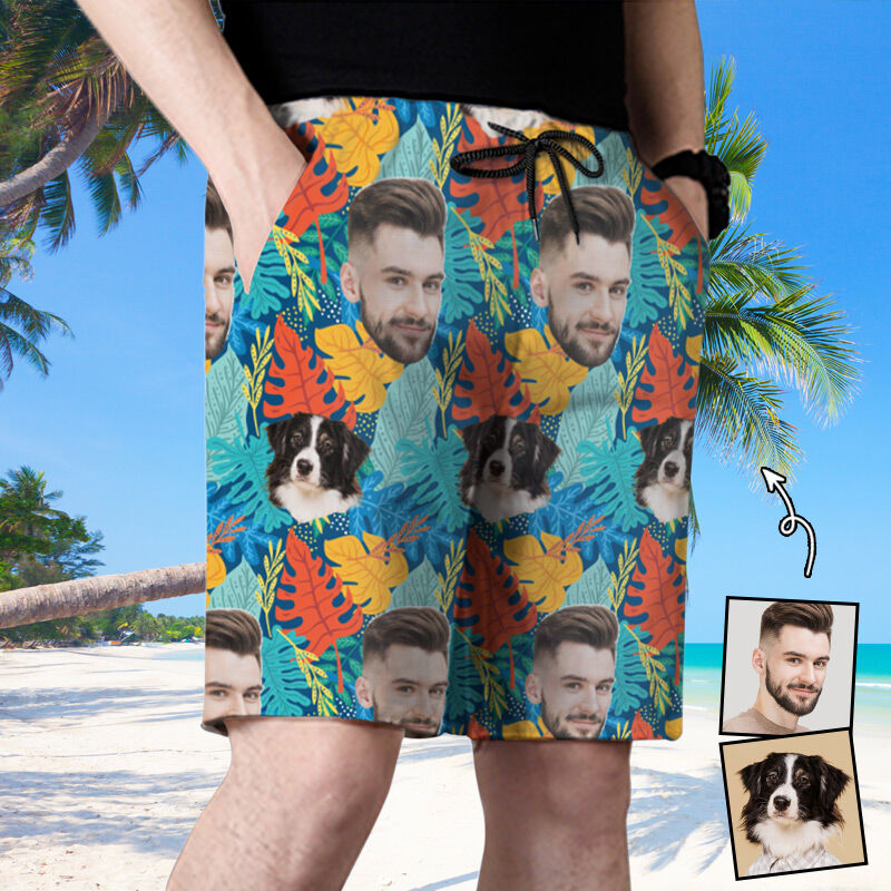 Personalized Picture Men's Beach Shorts with Beautiful Leaves Pattern Unique Present for Family