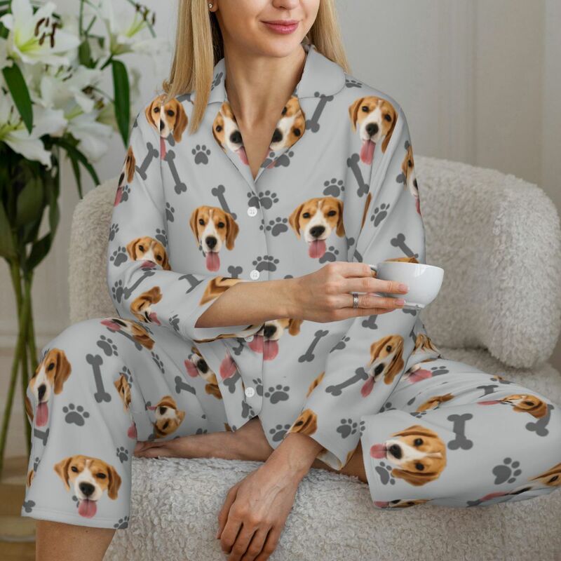 Personalisierte Pyjamas mit Tierfoto Knochen und Pfotenabdrücke-Muster-Design Attraktives Geschenk für Tierliebhaber