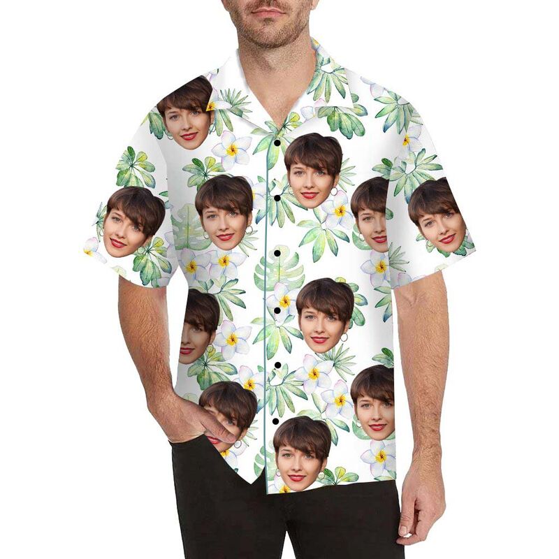 Chemise hawaïenne à impression intégrale pour hommes, avec visage personnalisé jonquilles et feuilles