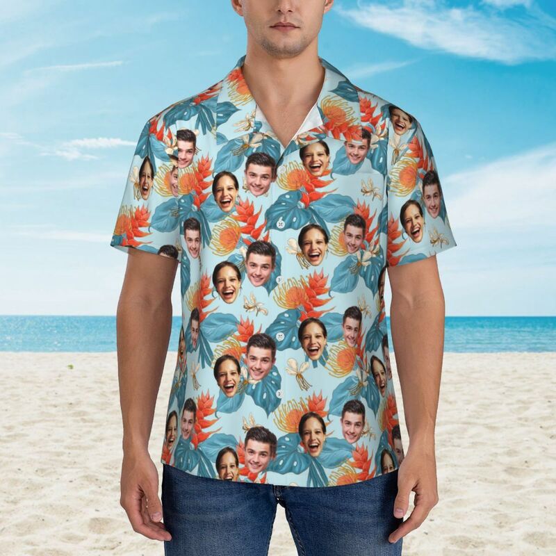 Camisa Hawaiana Personalizada para Hombre con Estampado de Flores de Naranja Gran Regalo para la Familia