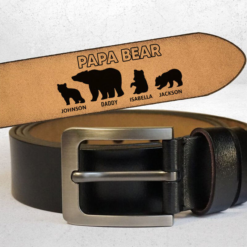 Cinturón de cuero grabado personalizado "Papa Bear Family" Regalo único para papá o abuelo